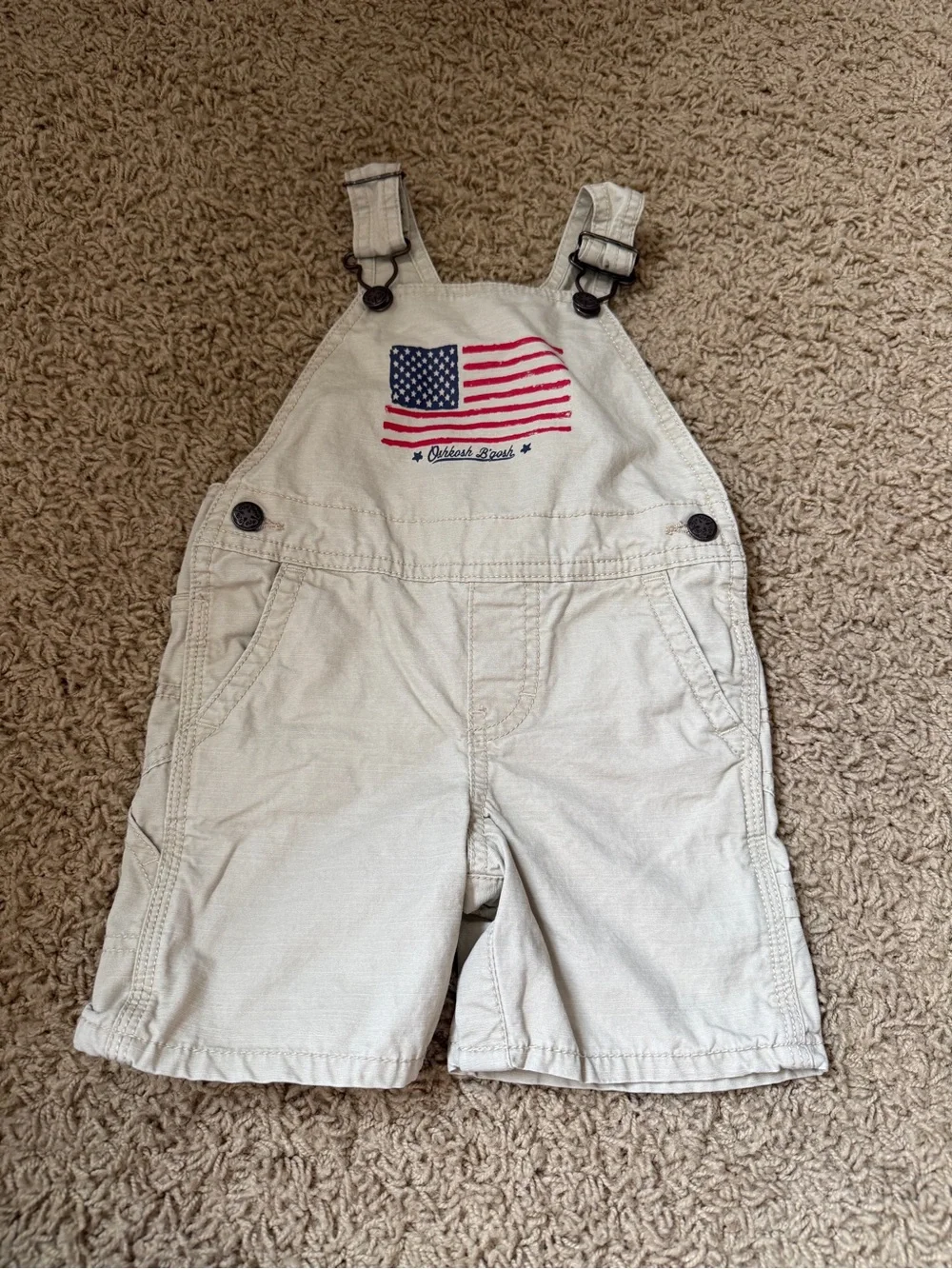 OshKosh B'gosh Cream Short Overalls with Flag 18M